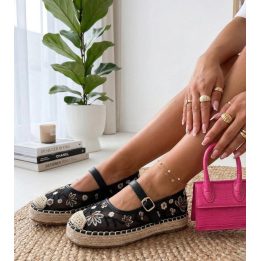 Moteriškos juodos espadrilės su siuvinėtais gėlių raštais Lucille