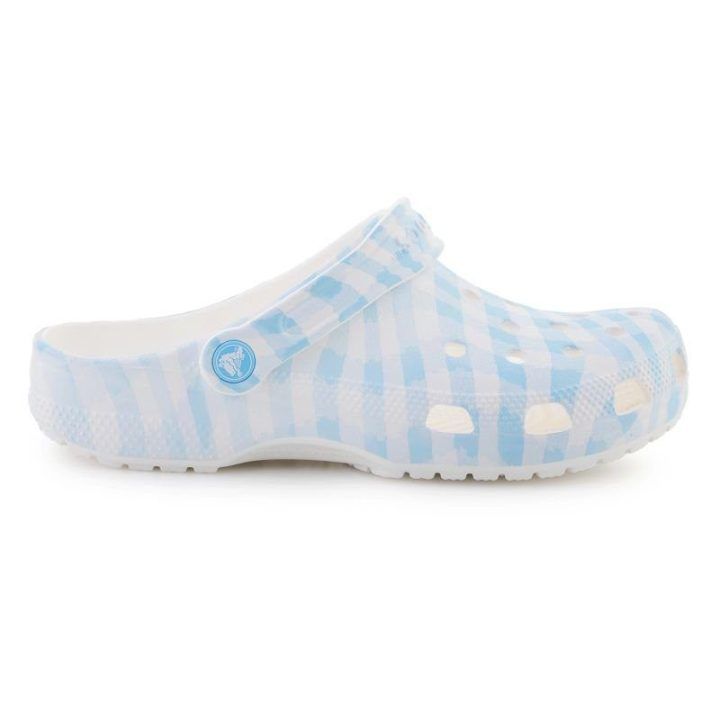 Moteriškos languotos klumpės Crocs Classic Gingham, baltos ir mėlynos
