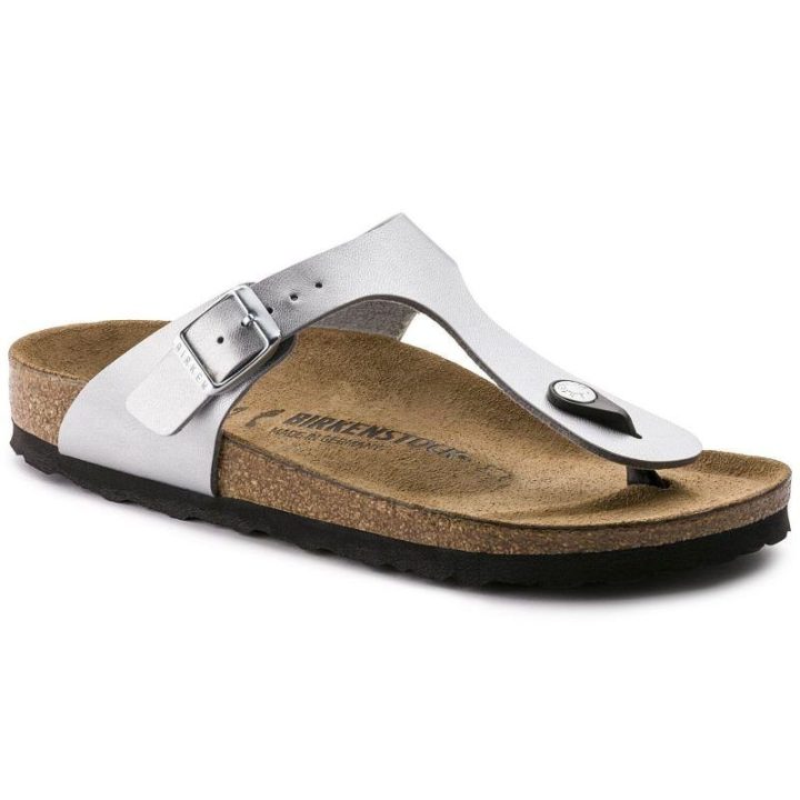 Moteriškos siauros šlepetės per pirštą Birkenstock Gizeh, sidabro