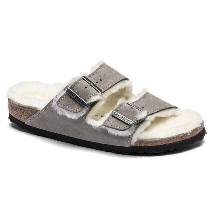 Moteriškos pašiltintos šlepetės Birkenstock Arizona Shearling, akmens pilkos