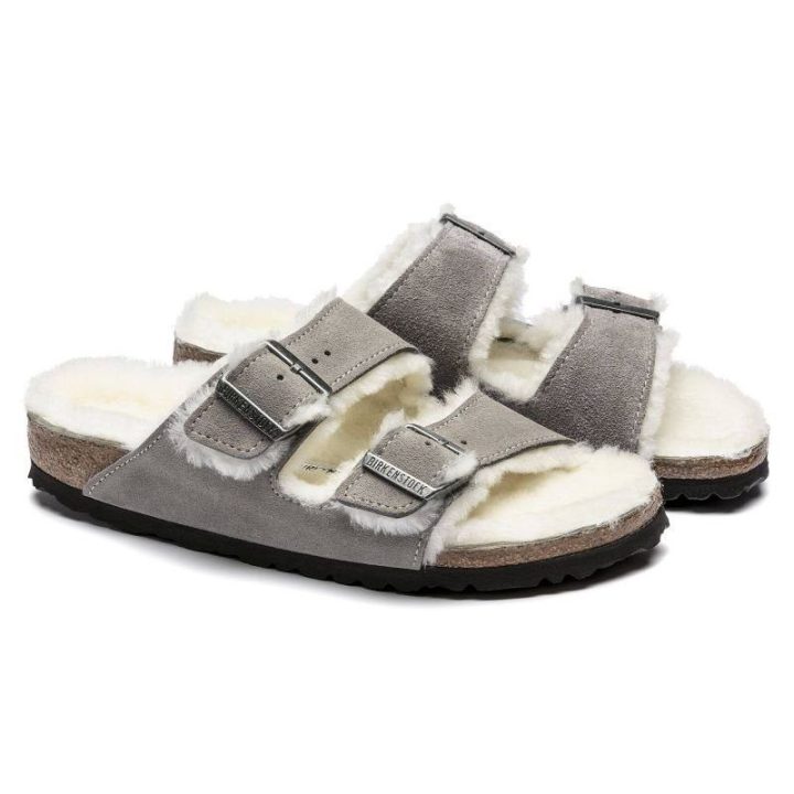 Moteriškos pašiltintos šlepetės Birkenstock Arizona Shearling, akmens pilkos