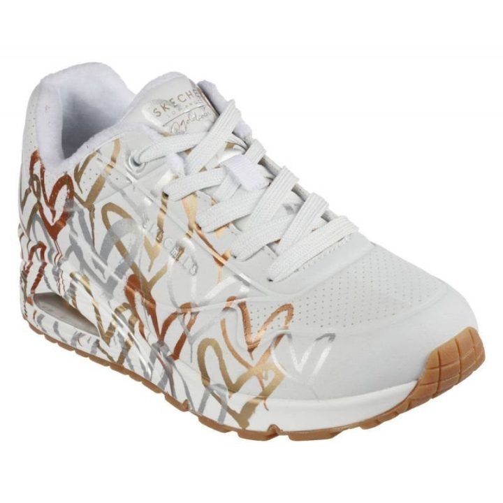 Moteriški sportbačiai su širdžių raštu Skechers Uno, balti