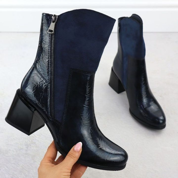 Moteriški lakuoti aulinukai su storu kulnu M. Daszyński, mėlyni