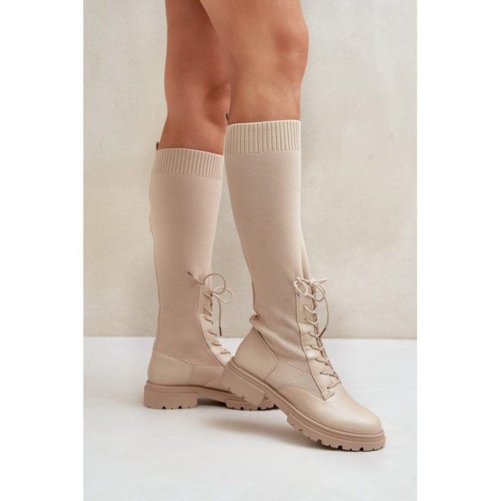 Moteriški ilgaauliai batai su raišteliais Step in style, smėlio